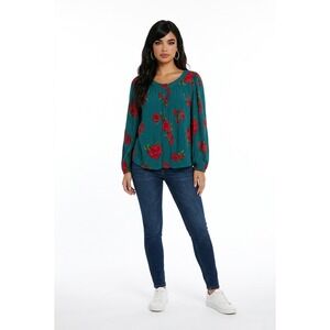 Maeve Anthro Womens Teal Red Floral Rose Long Sleeve Button Front Boho Top M